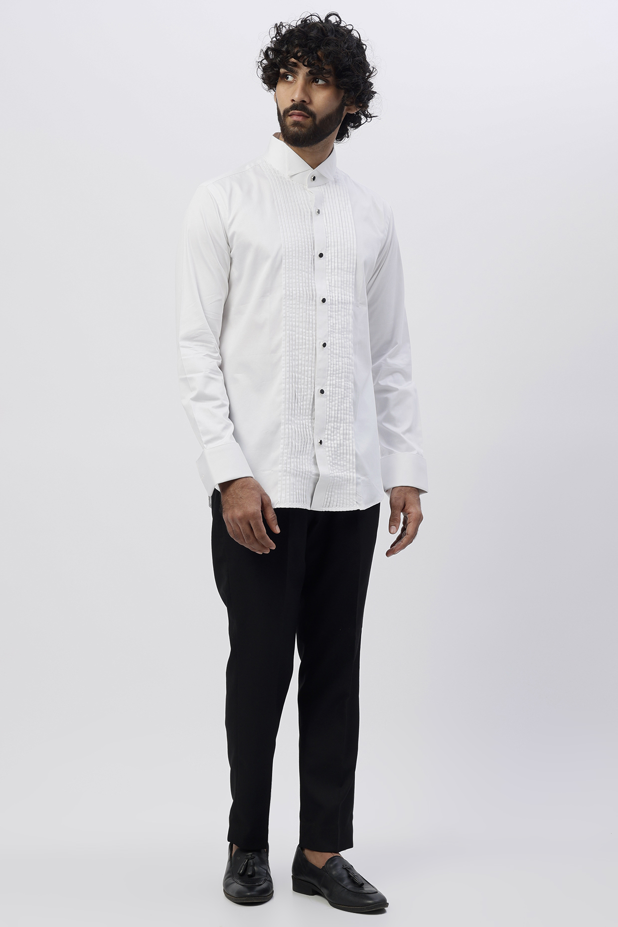 White Cotton Satin Pleated Shirt by Ssavarto at Pernia's Pop Up Shop