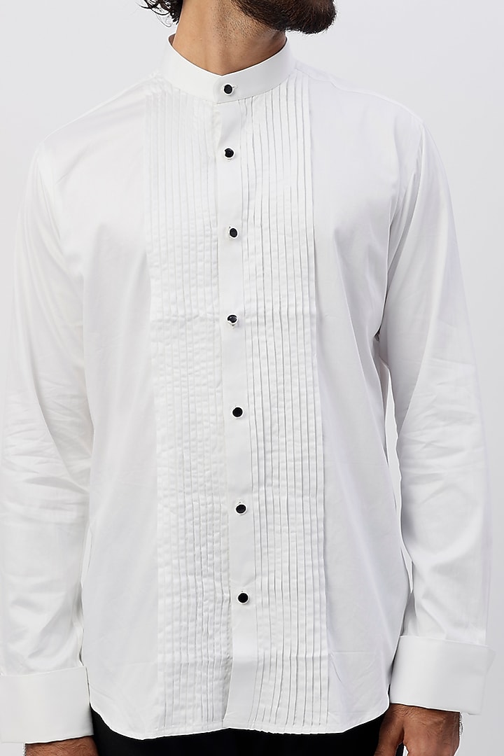 White Cotton Satin Pleated Party Wear Shirt by Ssavarto at Pernia's Pop Up Shop