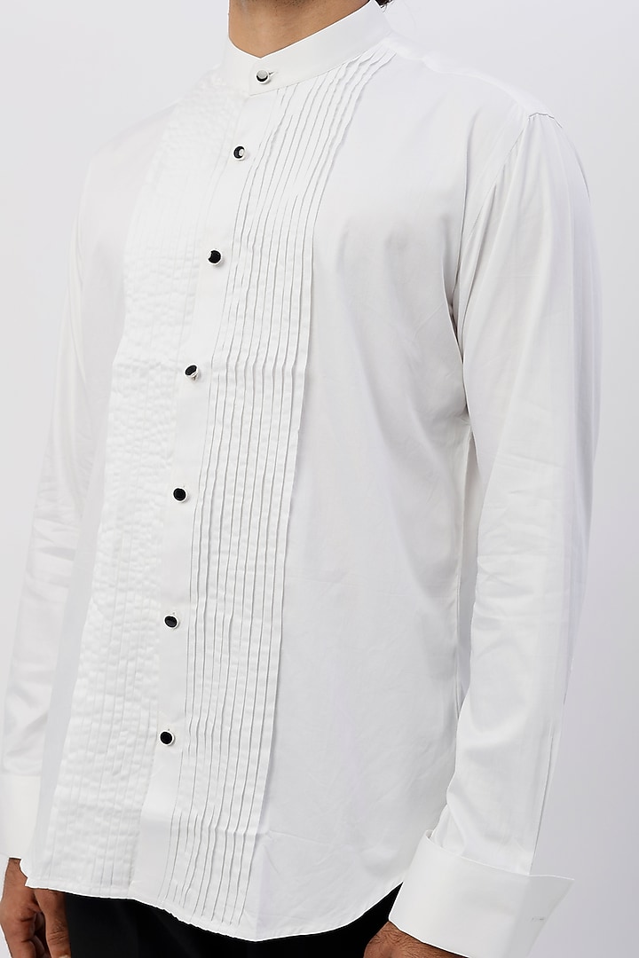 White Cotton Satin Pleated Party Wear Shirt by Ssavarto at Pernia's Pop Up Shop