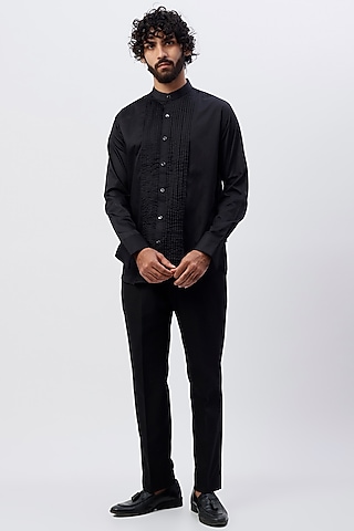 Black Cotton Satin Band Collar Shirt by Ssavarto