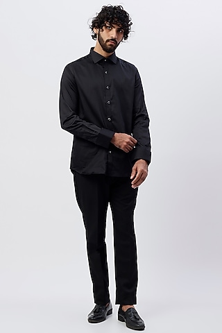 Black Cotton Satin Tuxedo Shirt by Ssavarto