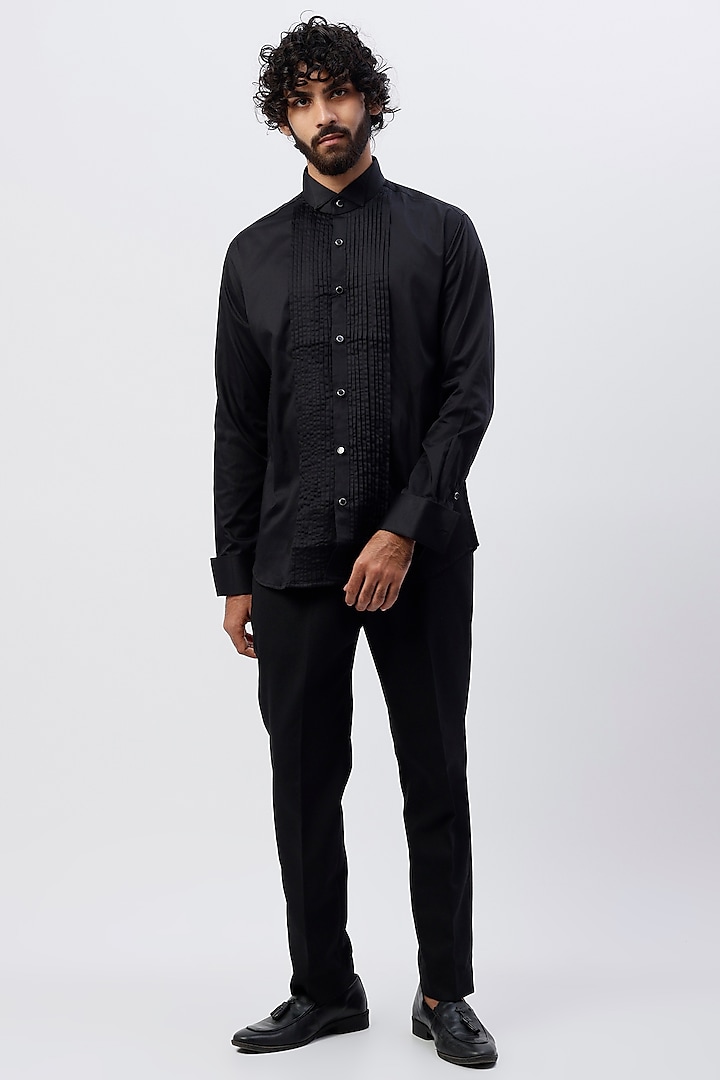 Black Cotton Satin Pleated Tuxedo Shirt by Ssavarto