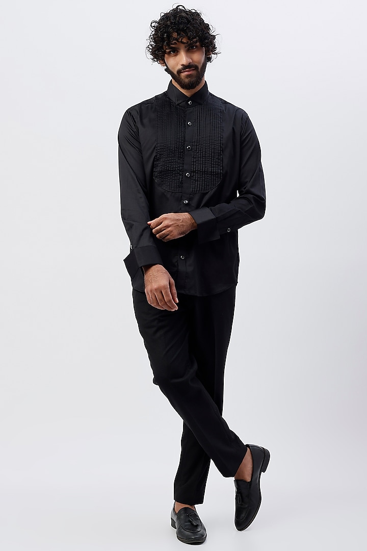 Black Pleated Tuxedo Shirt in Cotton Satin by Ssavarto