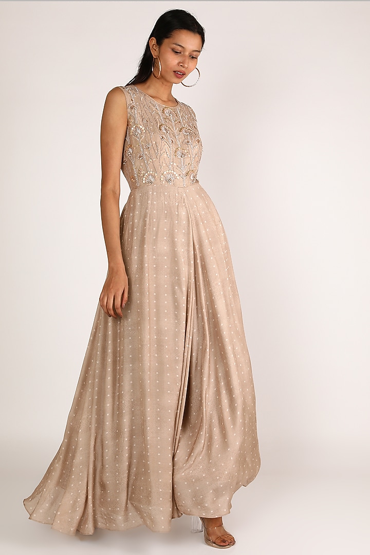 Beige Embellished Jumpsuit by 17:17 at Pernia's Pop Up Shop