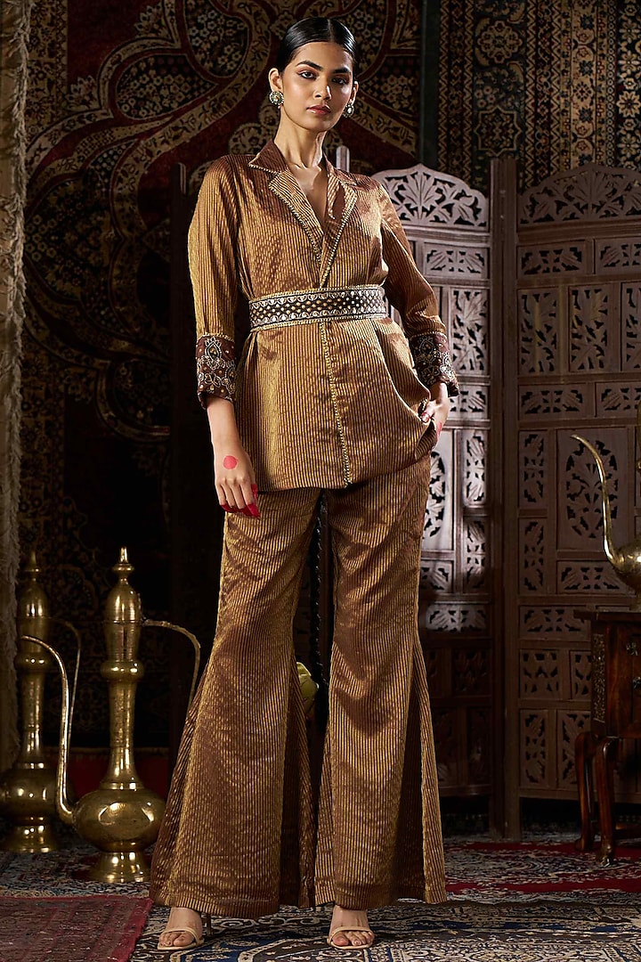 Brown Stripe Shimmer Silk Hand Work Blazer Set by 17:17 at Pernia's Pop Up Shop