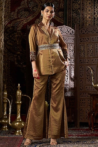 Brown Stripe Shimmer Silk Hand Work Blazer Set by 17:17