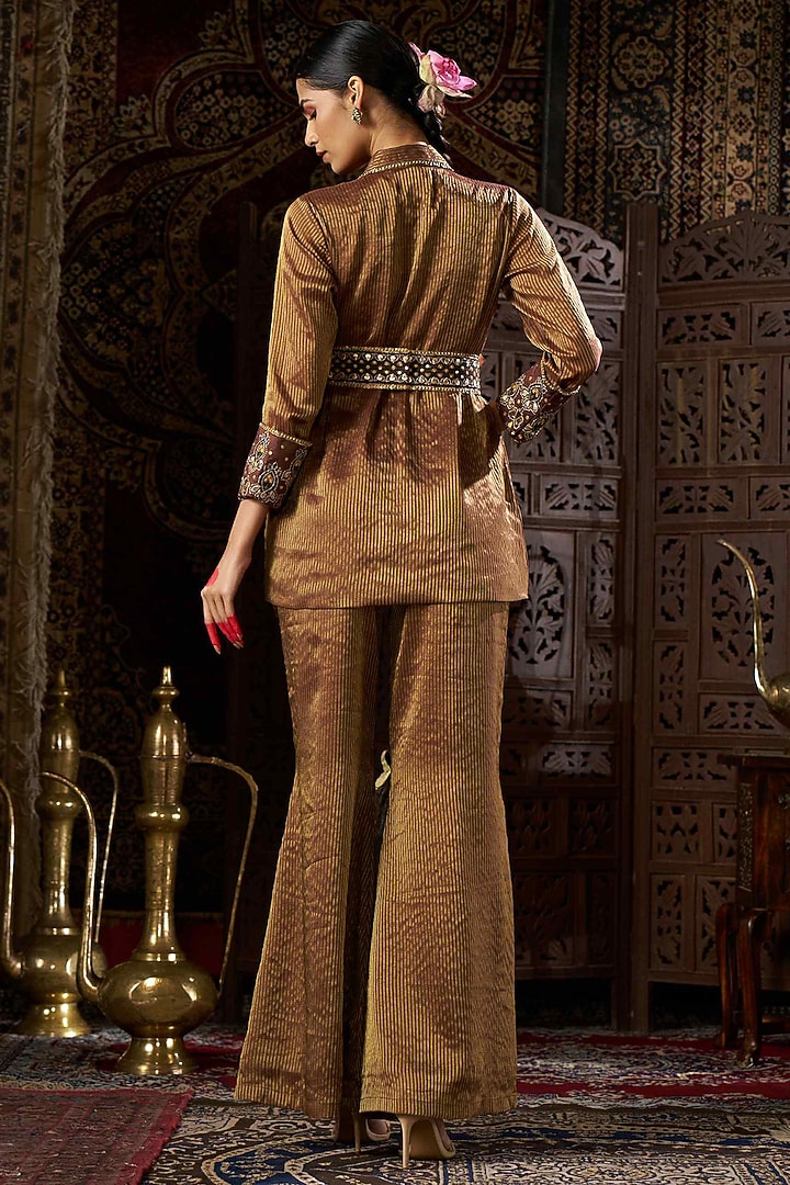 Brown Stripe Shimmer Silk Hand Work Blazer Set by 17:17 at Pernia's Pop Up Shop