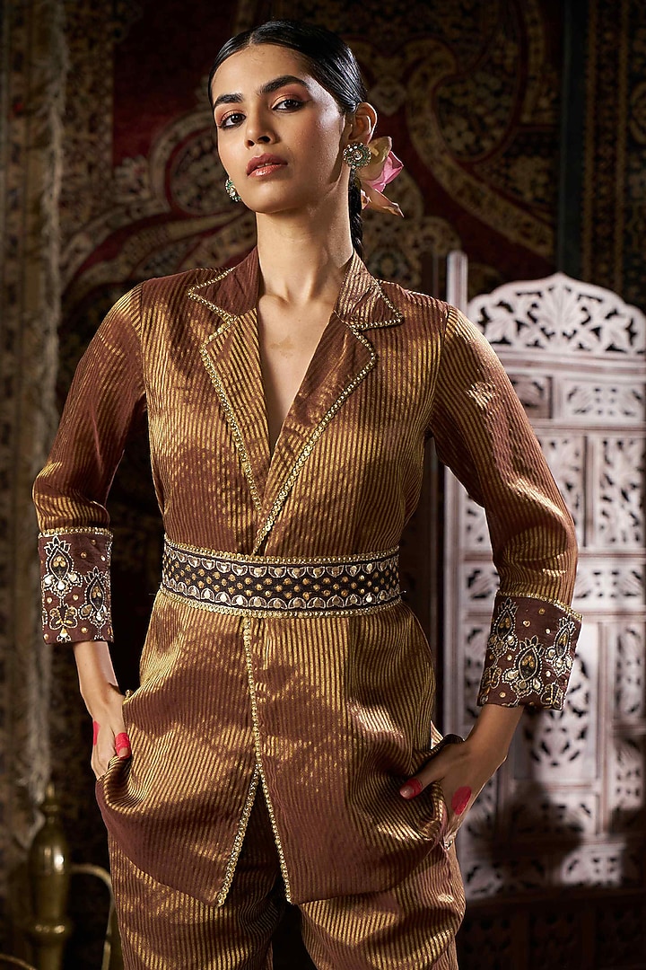 Brown Stripe Shimmer Silk Hand Work Blazer Set by 17:17 at Pernia's Pop Up Shop