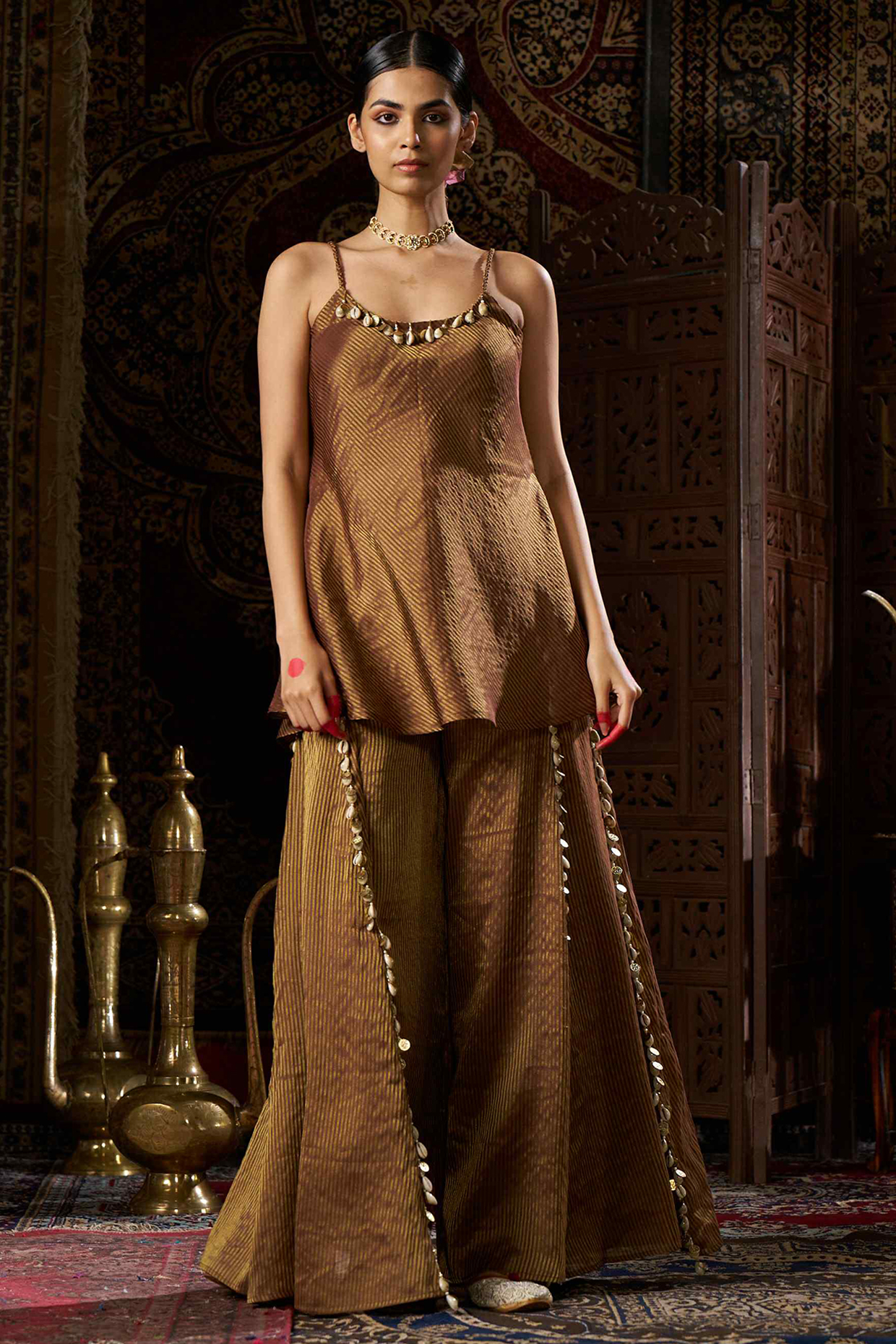 Brown Stripe Shimmer Silk Hand Work Palazzo Pant Set by 17:17 at Pernia's Pop Up Shop