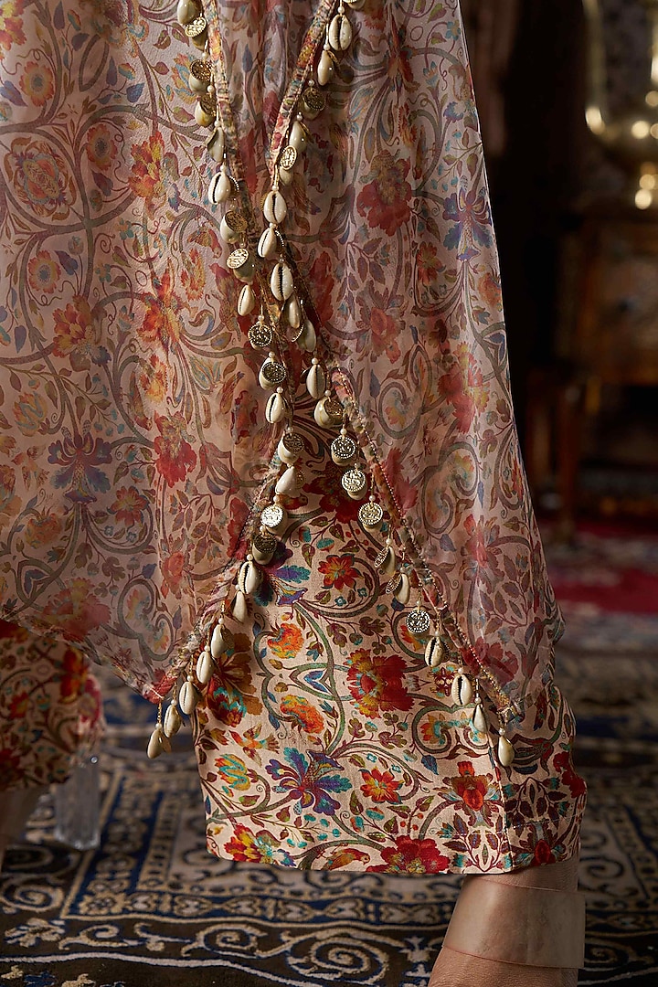 Beige Liquid Organza & Raw Silk Printed Kaftan Set by 17:17 at Pernia's Pop Up Shop