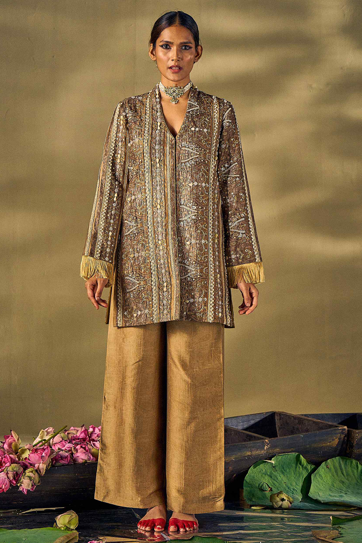 Gold Raw Silk Printed & Hand Work Jacket Set by 17:17 at Pernia's Pop Up Shop