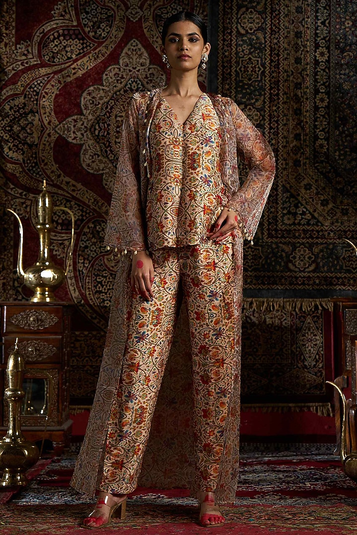 Beige Liquid Organza & Raw Silk Jacket Set by 17:17 at Pernia's Pop Up Shop