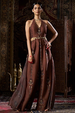 Brown Liquid Organza & Raw Silk Waist-Cut Jumpsuit by 17:17
