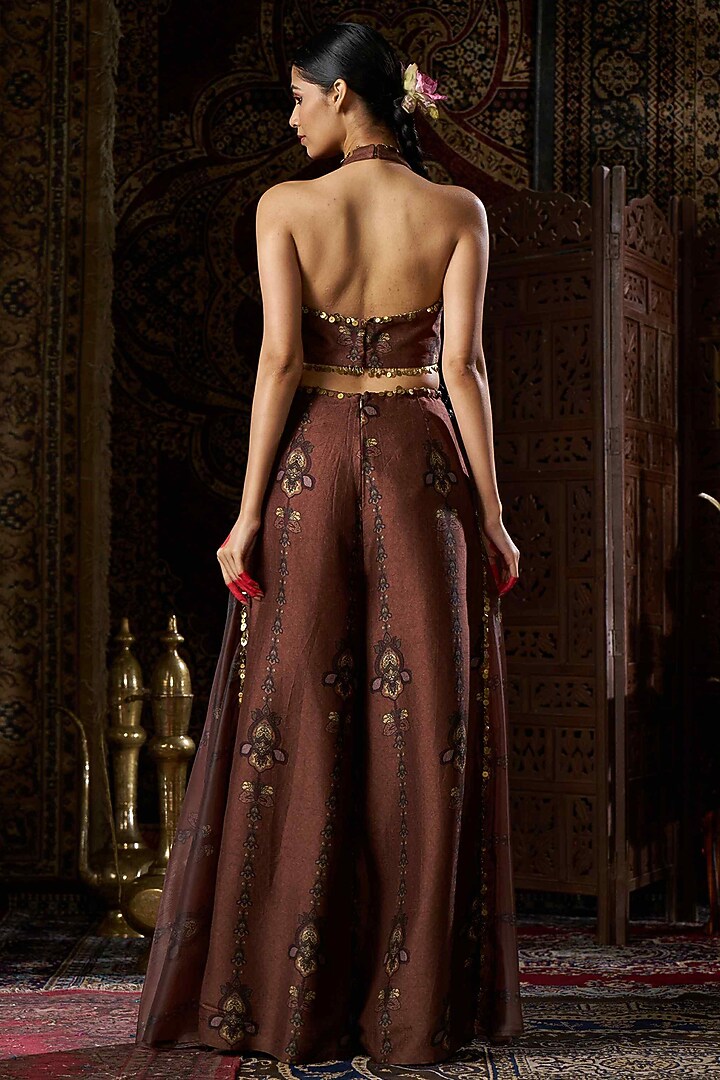 Brown Liquid Organza & Raw Silk Waist-Cut Jumpsuit by 17:17 at Pernia's Pop Up Shop