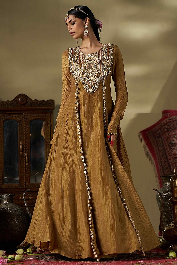 Gold Crushed Shimmer Fabric Hand Work Wedding Anarkali by 17:17 at Pernia's Pop Up Shop