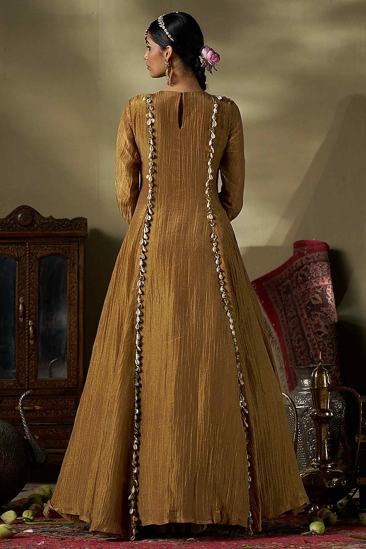 Gold Crushed Shimmer Fabric Hand Work Wedding Anarkali by 17:17 at Pernia's Pop Up Shop