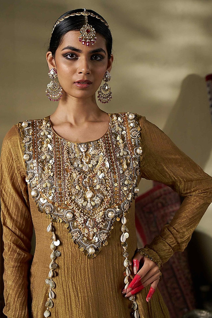 Gold Crushed Shimmer Fabric Hand Work Wedding Anarkali by 17:17 at Pernia's Pop Up Shop