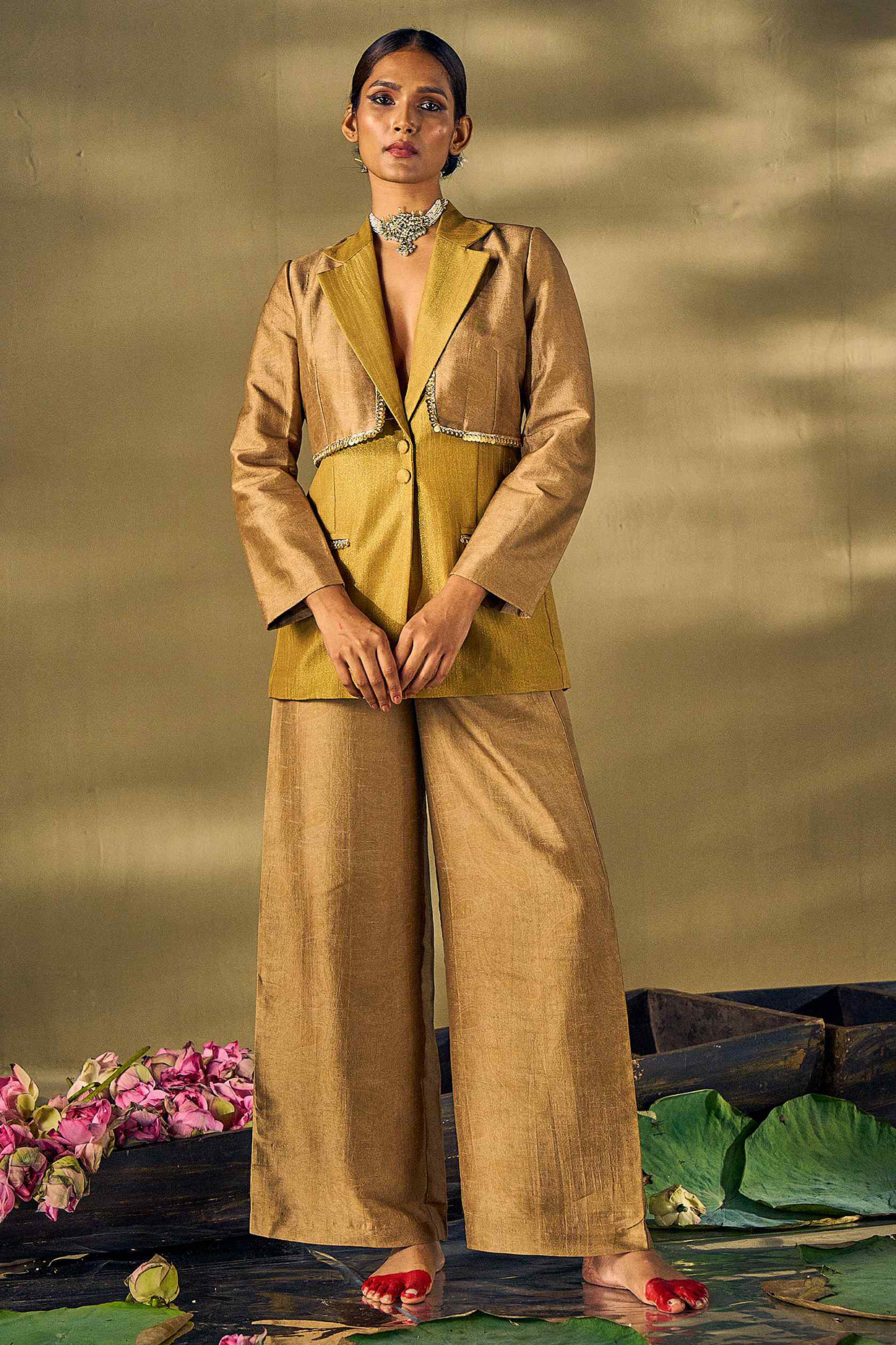 Gold Raw Silk Hand Work & Texture Printed Overlapped Blazer Set by 17:17 at Pernia's Pop Up Shop