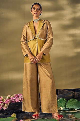 Gold Raw Silk Hand Work & Texture Printed Overlapped Blazer Set by 17:17