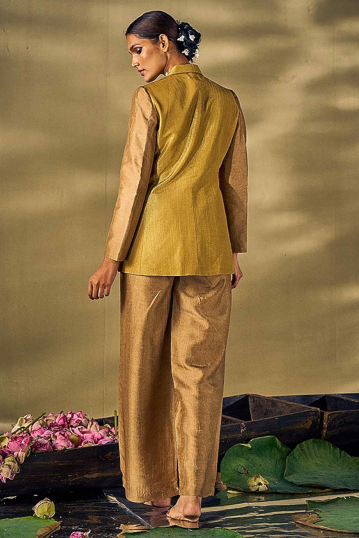 Gold Raw Silk Hand Work & Texture Printed Overlapped Blazer Set by 17:17 at Pernia's Pop Up Shop