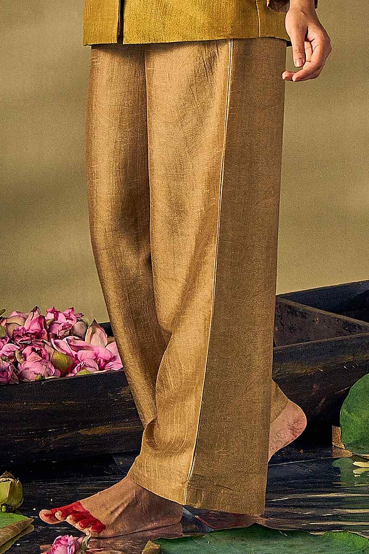 Gold Raw Silk Hand Work & Texture Printed Overlapped Blazer Set by 17:17 at Pernia's Pop Up Shop