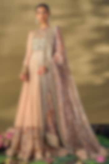 Beige Liquid Organza & Raw Silk Printed Wedding Anarkali Set by 17:17 at Pernia's Pop Up Shop