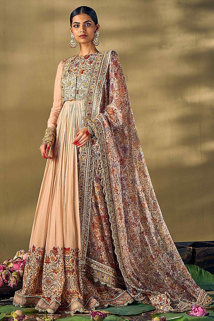 Beige Liquid Organza & Raw Silk Printed Wedding Anarkali Set by 17:17 at Pernia's Pop Up Shop