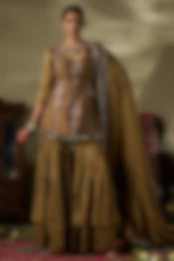 Gold Liquid Organza & Raw Silk Layered Sharara Set by 17:17 at Pernia's Pop Up Shop
