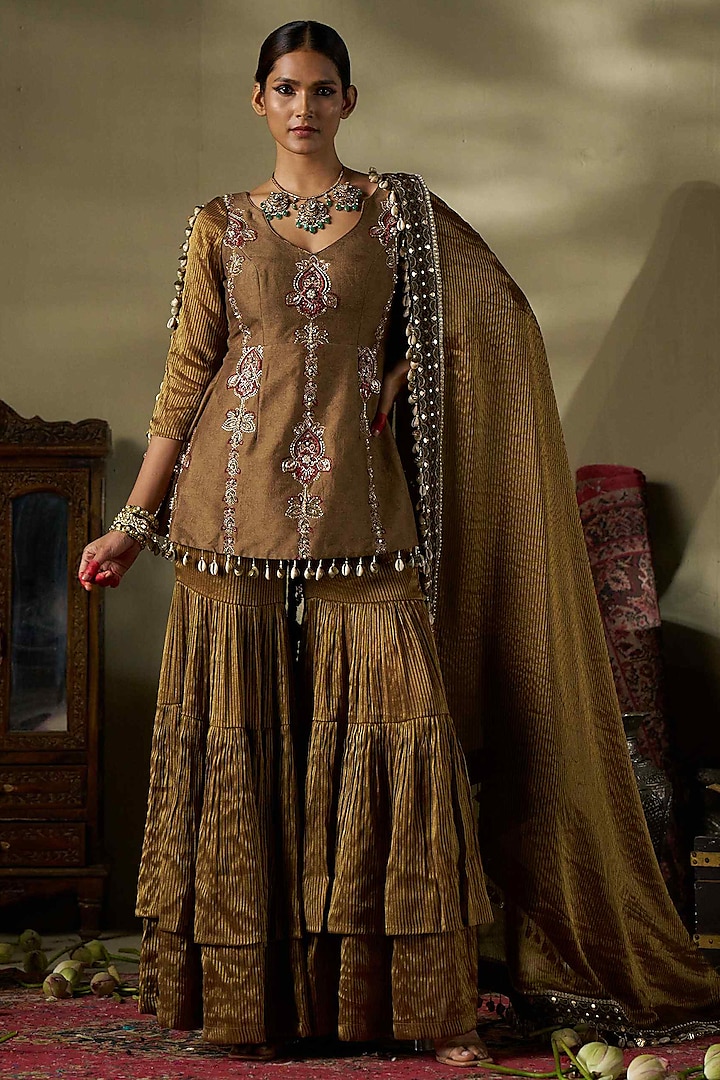 Gold Liquid Organza & Raw Silk Layered Sharara Set by 17:17 at Pernia's Pop Up Shop