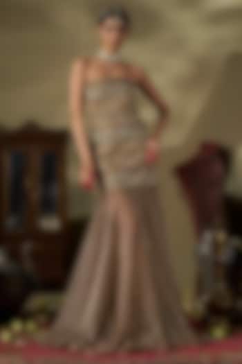 Gold Liquid Organza & Raw Silk Printed Dress by 17:17 at Pernia's Pop Up Shop