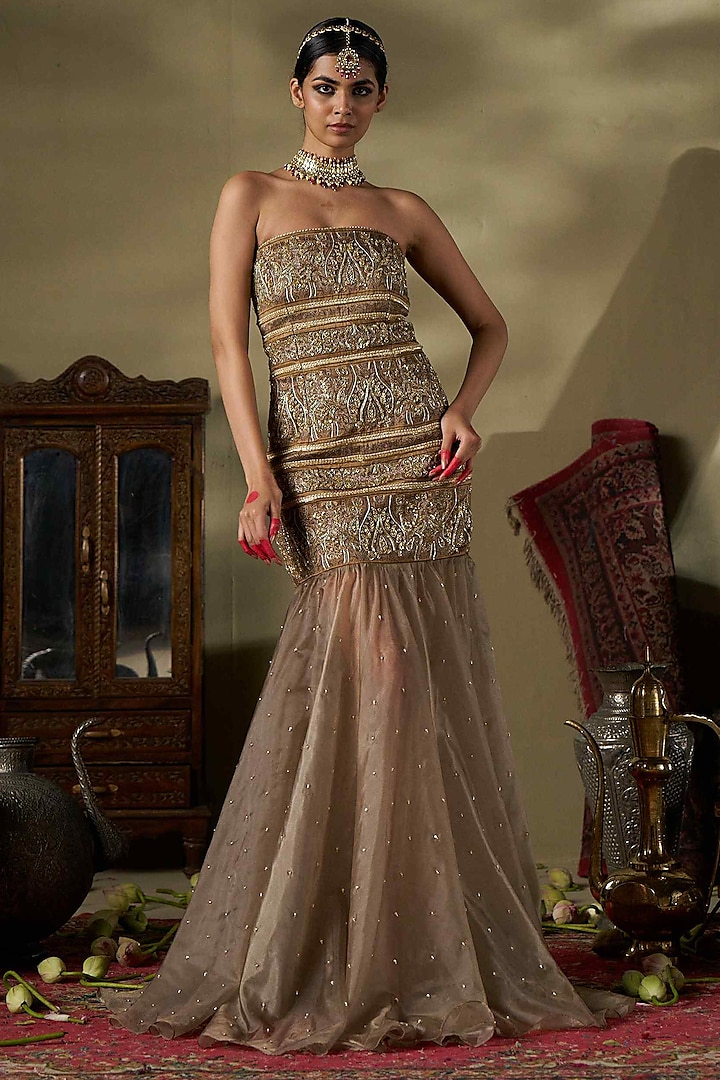 Gold Liquid Organza & Raw Silk Printed Dress by 17:17 at Pernia's Pop Up Shop