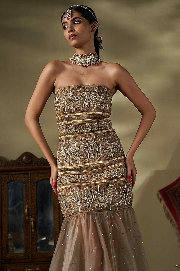 Gold Liquid Organza & Raw Silk Printed Cocktail Dress by 17:17 at Pernia's Pop Up Shop