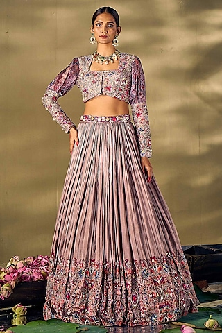 Grey Liquid Organza & Raw Silk Printed Lehenga Set by 17:17