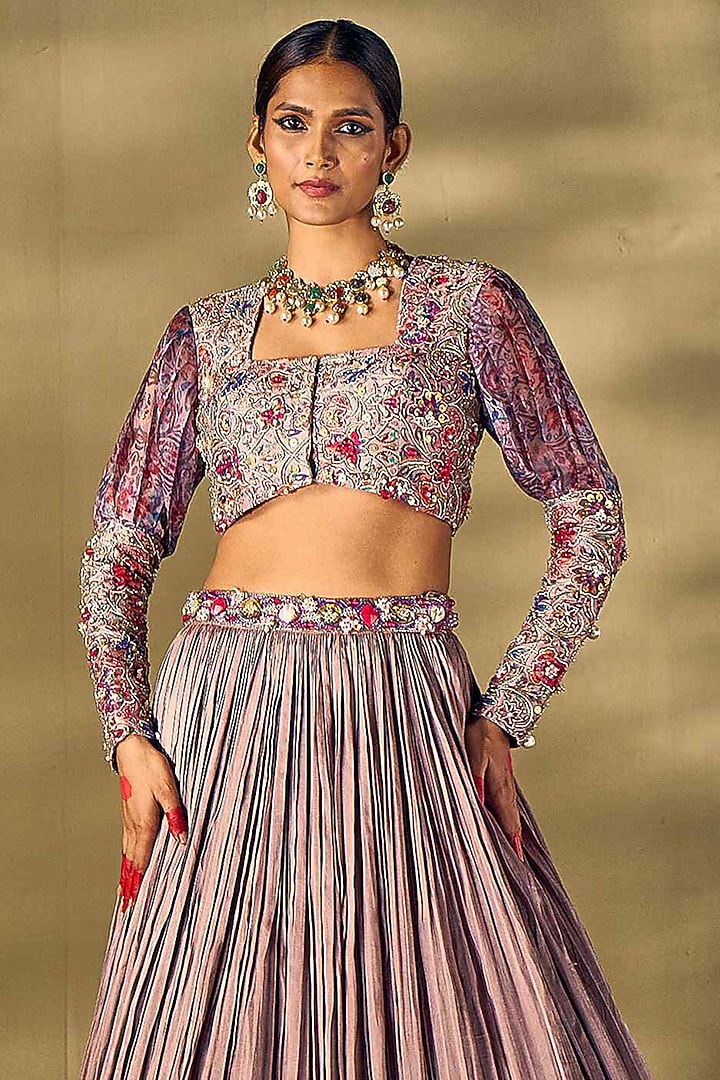 Grey Liquid Organza & Raw Silk Printed Wedding Lehenga Set by 17:17 at Pernia's Pop Up Shop
