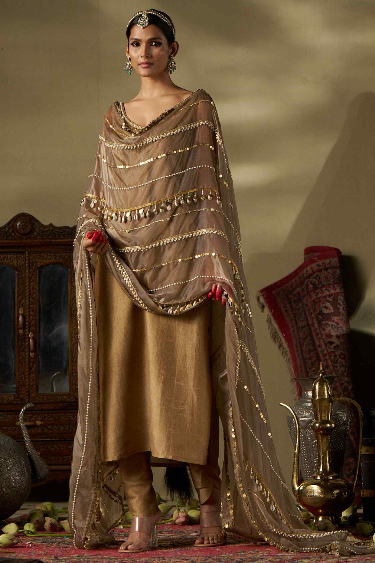 Gold Liquid Organza & Raw Silk Hand Work Kurta Set by 17:17 at Pernia's Pop Up Shop