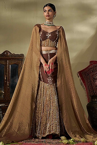 Nude & Brown Raw Silk Hand Work Fish-Cut Lehenga Set by 17:17