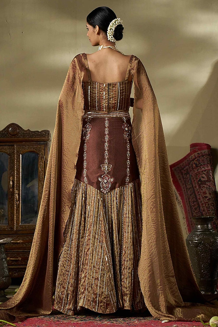 Nude & Brown Raw Silk Hand Work Fish-Cut Wedding Lehenga Set by 17:17 at Pernia's Pop Up Shop
