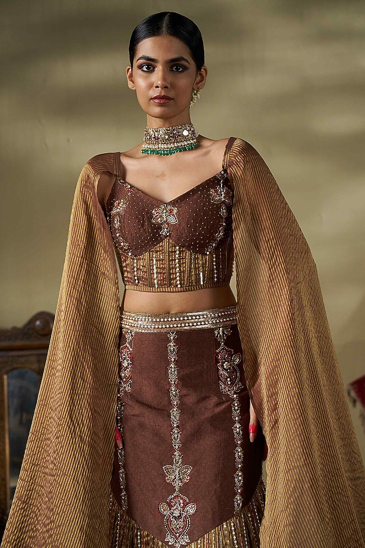 Nude & Brown Raw Silk Hand Work Fish-Cut Wedding Lehenga Set by 17:17 at Pernia's Pop Up Shop