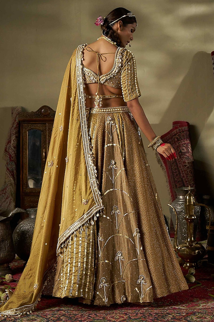 Gold Crushed Shimmer & Raw Silk Hand Work Wedding Lehenga Set by 17:17 at Pernia's Pop Up Shop
