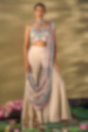 Beige Liquid Organza & Shimmer Draped Wedding Sharara Set by 17:17 at Pernia's Pop Up Shop