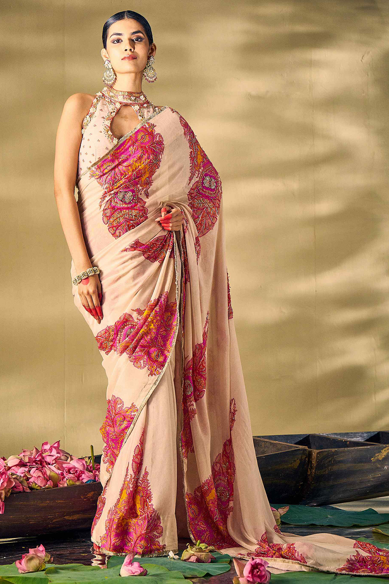 Beige Liquid Organza Boota Printed & Hand Work Wedding Saree Set by 17:17 at Pernia's Pop Up Shop