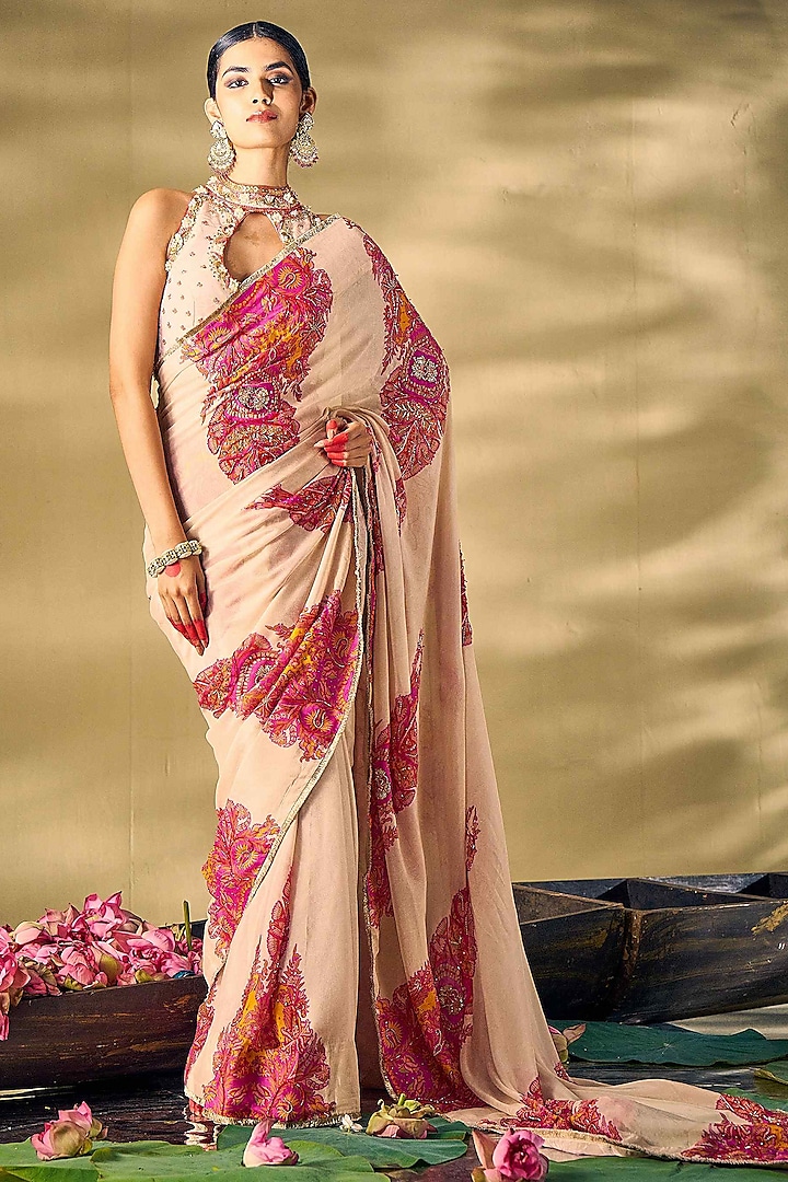 Beige Liquid Organza Boota Printed & Hand Work Wedding Saree Set by 17:17 at Pernia's Pop Up Shop