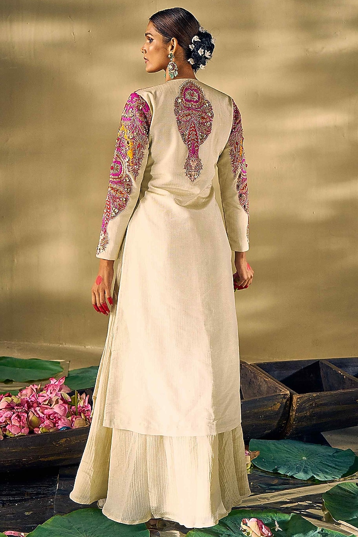 Beige Raw Silk Hand Work Jacket Set by 17:17 at Pernia's Pop Up Shop