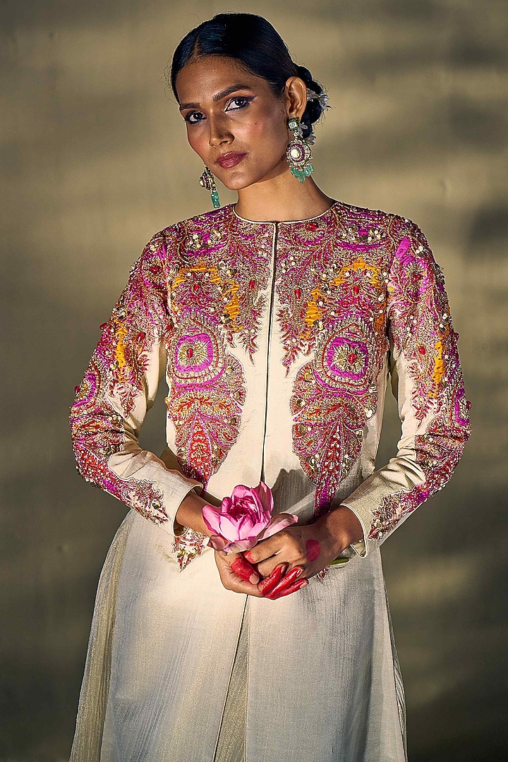 Beige Raw Silk Hand Work Jacket Set by 17:17 at Pernia's Pop Up Shop