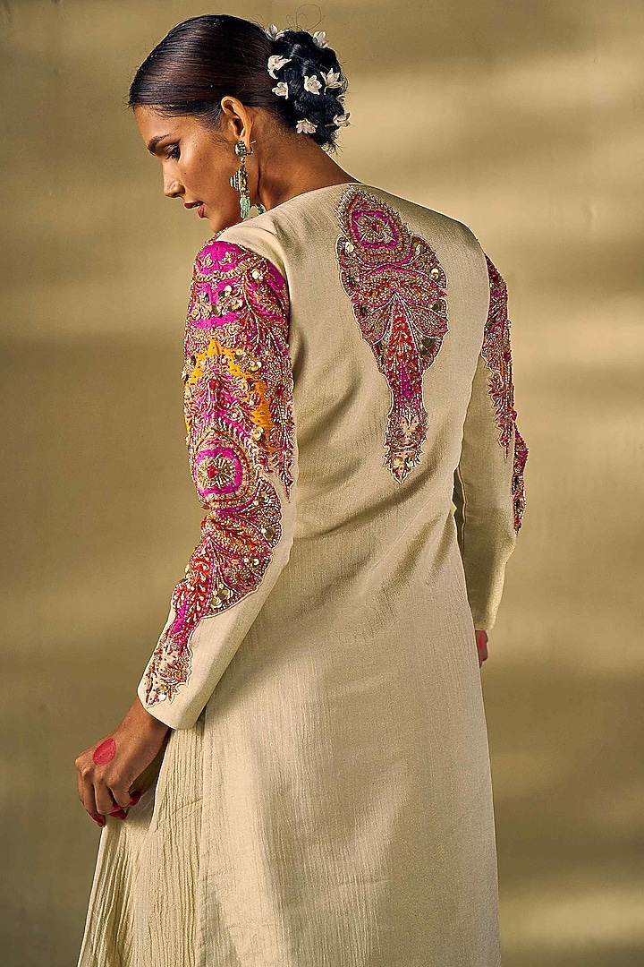 Beige Raw Silk Hand Work Jacket Set by 17:17 at Pernia's Pop Up Shop