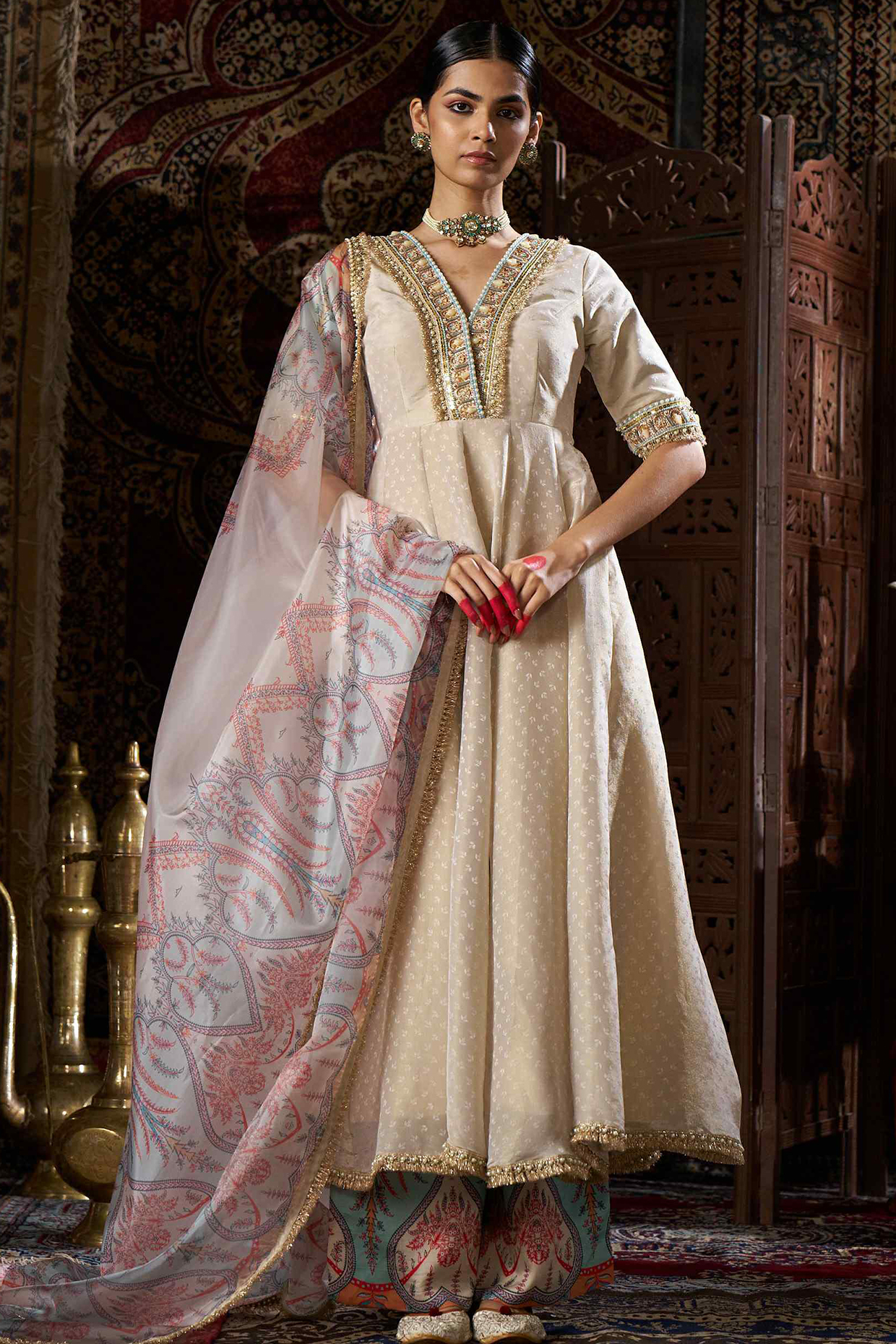 Beige Liquid Organza & Shimmer Hand Work Overlap Party Wear Anarkali Set by 17:17 at Pernia's Pop Up Shop