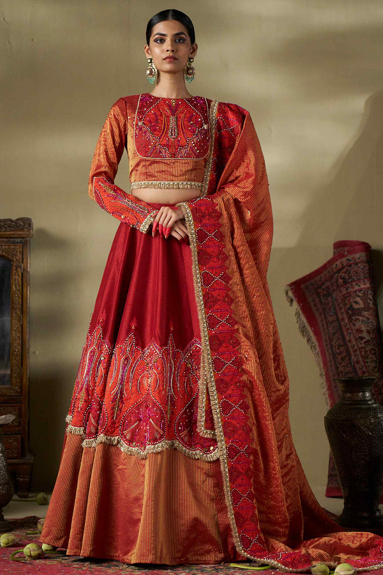 Rust Raw Silk & Stripe Shimmer Fabric Handwork Wedding Lehenga Set by 17:17 at Pernia's Pop Up Shop