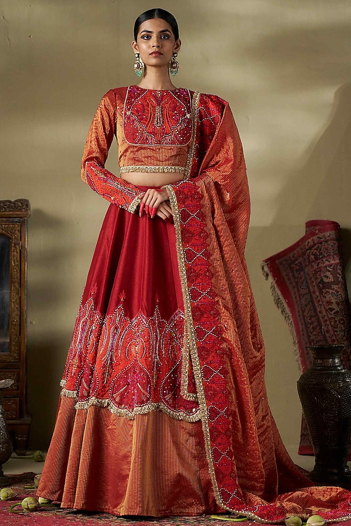 Rust Raw Silk & Stripe Shimmer Fabric Handwork Wedding Lehenga Set by 17:17 at Pernia's Pop Up Shop