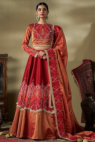 Rust Raw Silk & Stripe Shimmer Fabric Handwork Lehenga Set by 17:17