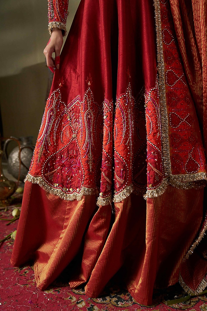 Rust Raw Silk & Stripe Shimmer Fabric Handwork Wedding Lehenga Set by 17:17 at Pernia's Pop Up Shop